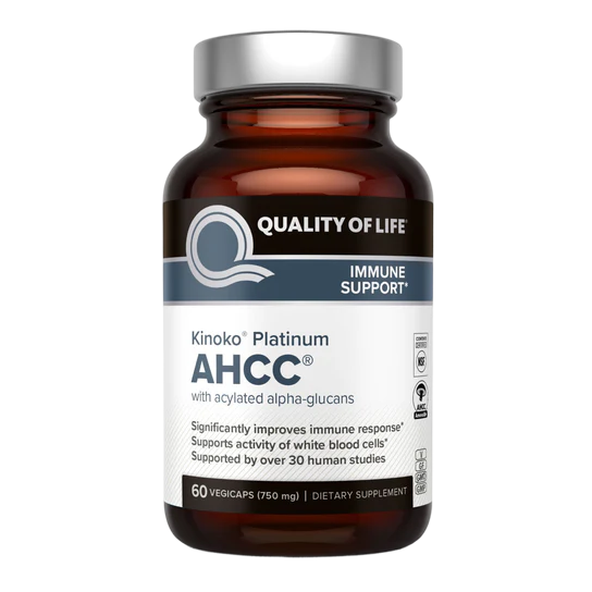 Quality of Life Premium Kinoko Platinum AHCC Herbal Supplement, 750mg per Capsule, for Immune Support, Liver Function, Maintains Natural Killer Cell Activity, Pack of 1, 60 Veggie Capsules