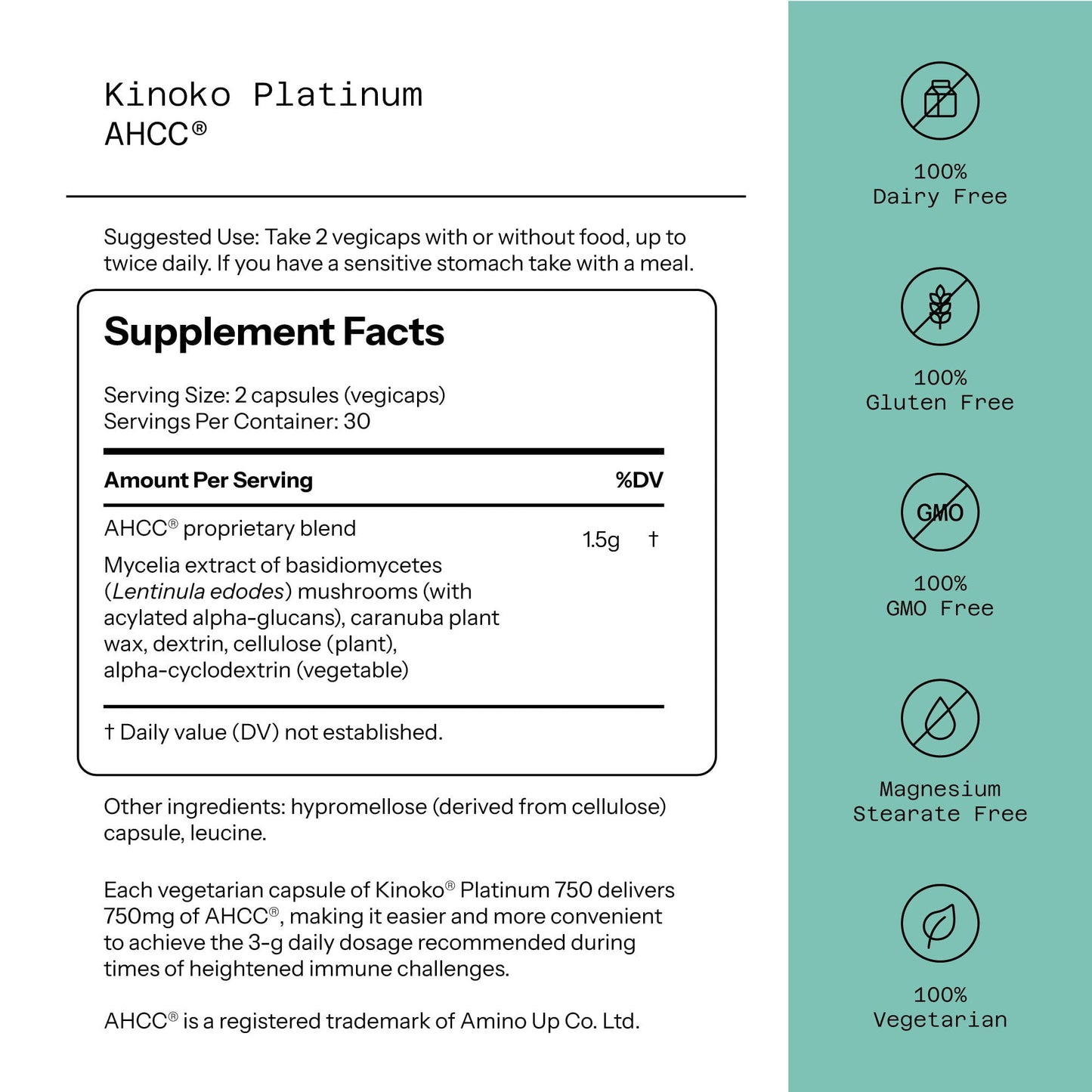 Quality of Life Premium Kinoko Platinum AHCC Herbal Supplement, 750mg per Capsule, for Immune Support, Liver Function, Maintains Natural Killer Cell Activity, Pack of 1, 60 Veggie Capsules
