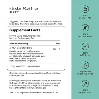 Quality of Life Premium Kinoko Platinum AHCC Herbal Supplement, 750mg per Capsule, for Immune Support, Liver Function, Maintains Natural Killer Cell Activity, Pack of 1, 60 Veggie Capsules
